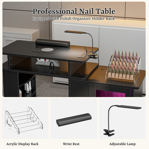 TTGIEET Manicure Table w/LED Light & Lamp, Nail Desk Nail Tech Table w/Dust Collector & Charging Station, Nail Station w/Acrylic Display Rack, Drawers & Glass Door Cabinet