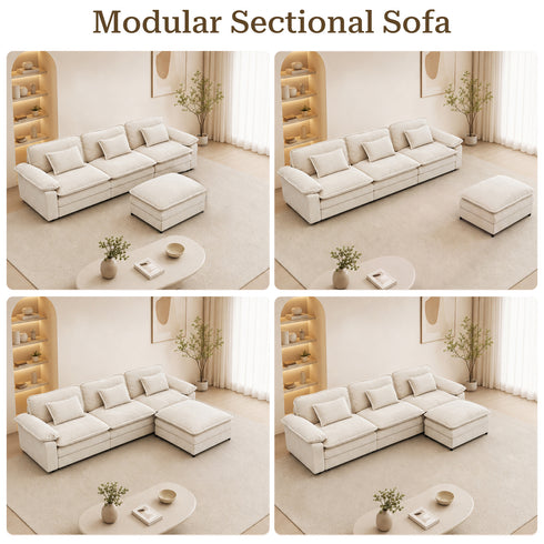 TTGIEET L-Shaped Sectional Sofa, 3-Seat Cloud Couch with Movable Ottoman, Oversized Chenille Sofa for Living Room