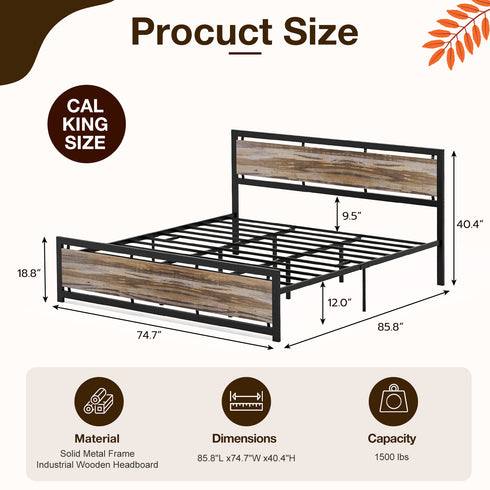 TTGIEET California King Size Metal Platform Bed Frame with Wooden Headboard and Footboard, No Box Spring Needed, Large Under Bed Storage（Light Brown）