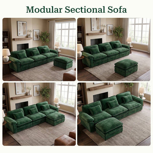 TTGIEET L-Shaped Sectional Sofa, 3-Seat Cloud Couch with Movable Ottoman, Oversized Chenille Sofa for Living Room