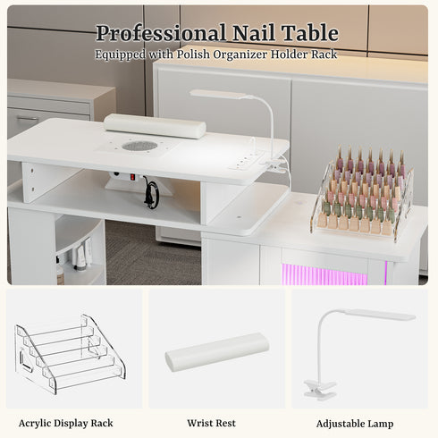 TTGIEET Manicure Table w/LED Light & Lamp, Nail Desk Nail Tech Table w/Dust Collector & Charging Station, Nail Station w/Acrylic Display Rack, Drawers & Glass Door Cabinet