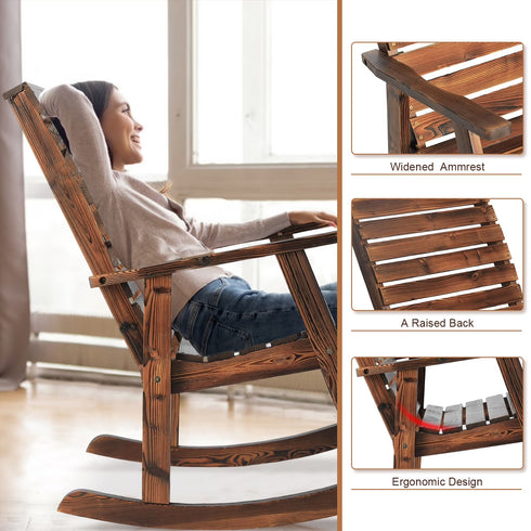 TTGIEET Outdoor Solid Wood Rocking Chairs Set of 2 for Adults, 2PCS Patio Rockers with High Back for Porch, Garden, Lawn, Brown