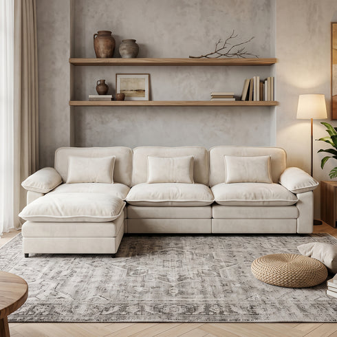 TTGIEET Chenille Cloud Couch L-Shaped, 3-Seat Sofa with Movable Ottoman, Oversized Sectional Couch for Living Room