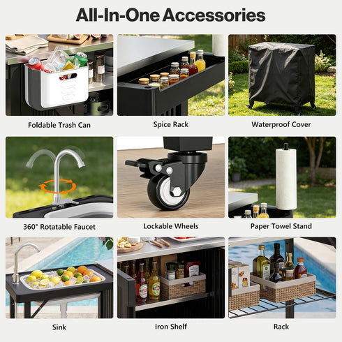 TTGIEET Outdoor Grill Cart with Storage Cabinet, Portable BBQ Prep Station Table with Foldable Sink, Stainless Steel Top, Black, Includes Waterproof Cover & Wheels