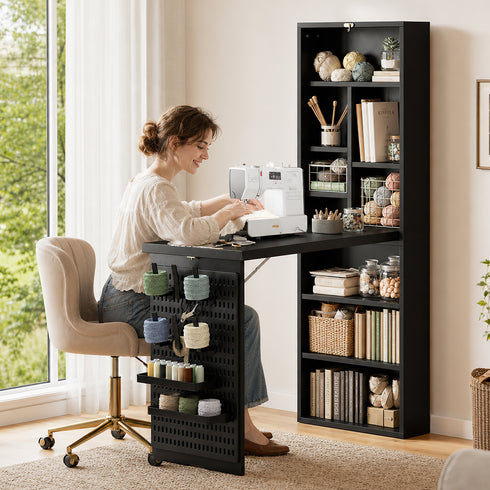 TTGIEET Foldable Sewing Table with Open Side Shelves, 3 Storage Trays& 6 Pegs, Wall-Mount Craft Station & Side Desk for Hobby & Home