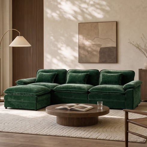 TTGIEET L-Shaped Sectional Sofa, 3-Seat Cloud Couch with Movable Ottoman, Oversized Chenille Sofa for Living Room