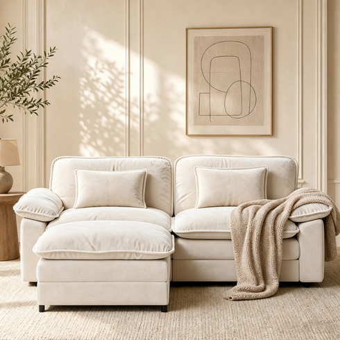 TTGIEET Loveseat with Chaise Ottoman, L-Shaped Chenille Cloud Couch for Living Room
