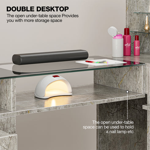 TTGIEET Manicure Table with LED Light, L-Shaped Glass Top Nail Tech Table w/2 Storage Shelves, Upwards Cabinet Door, Corner Nail Station w/3 Drawers & Wrist Cushion