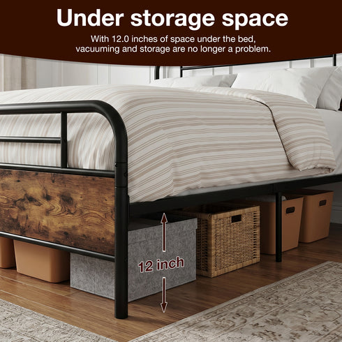 TTGIEET California King Metal Bed Frame w/Wooden Headboard, Footboard, Heavy Duty Steel Slats, Farmhouse Platform Bed Frame w/12" Under Bed Storage, No Box Spring Needed（Rustic Brown）