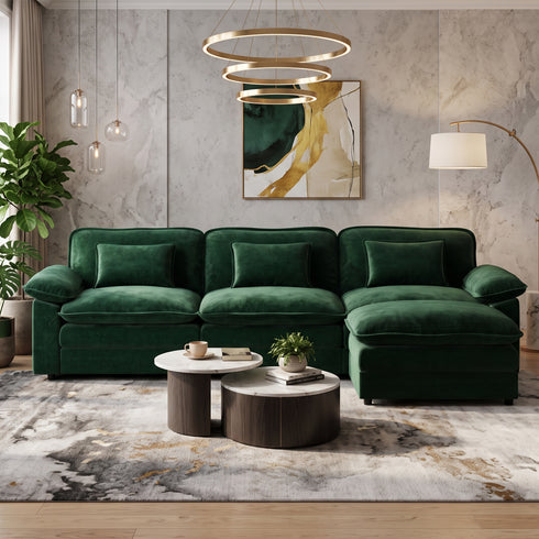 TTGIEET Chenille Cloud Couch L-Shaped, 3-Seat Sofa with Movable Ottoman, Oversized Sectional Couch for Living Room
