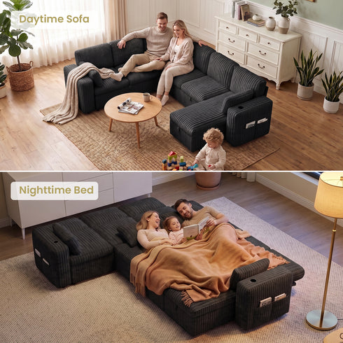 TTGIEET 7-Seater U-Shaped Sectional Sleeper Sofa, Reversible Pull-Out Sofa Bed with Storage & Cup Holders, Corduroy Couch for Living Room