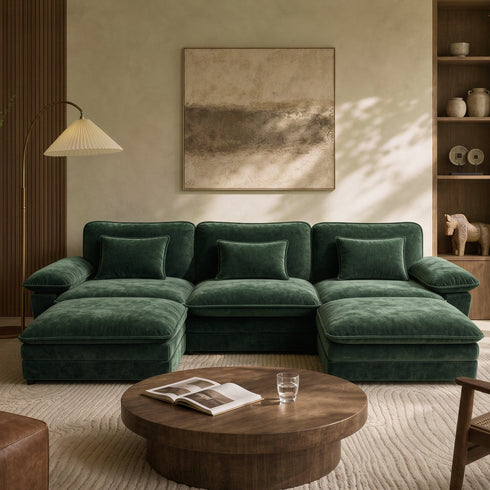 TTGIEET U-Shaped Sectional Sofa, 3-Seat Cloud Couch with 2 Reversible Ottomans, Oversized Chenille Sofa for Living Room