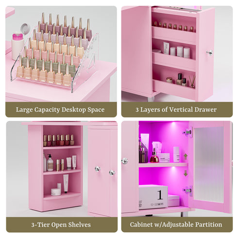 TTGIEET Manicure Table w/LED Light & Lamp, Nail Desk Nail Tech Table w/Dust Collector & Charging Station, Nail Station w/Acrylic Display Rack, Drawers & Glass Door Cabinet
