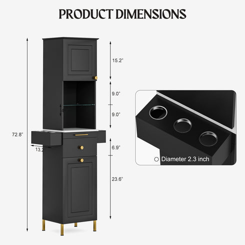 TTGIEET Salon Stations for Hair Stylist, Barber Station w/Glass Shelf & Golden Handles, Hair Salon Station Beauty Salon Spa Equipment w/6 Hair Dryer Holders, 2 Storage Cabinet & Drawers