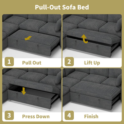 TTGIEET 5-Seater L-Shaped Reversible Sectional Sleeper Sofa, Pull-Out Sofa Bed with Storage & Cup Holders & Adjustable Backrest, Corduroy Couch for Living Room