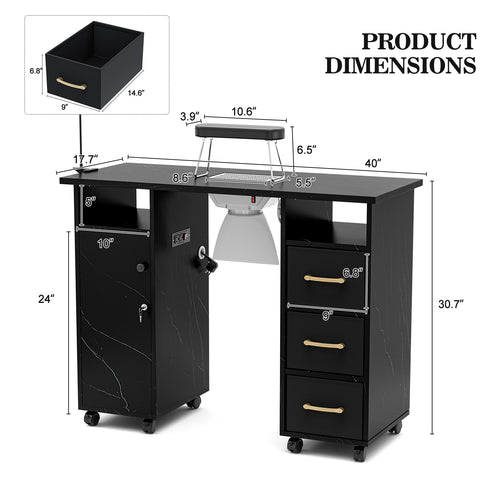 TTGIEET Manicure Table Nail Station with Power Outlets, Marble Grained Nail Tech Table Nail Table Station w/Dust Collector, Non-Woven Drawers, Desk Lamp & Wrist Cushion