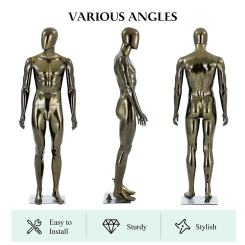 Full-Body Male Mannequin Matte Golden, 6 FT Plastic Man Manequins Stand with Metal Base, Adjustable Head, Flexible Limbs and Detachable Design, Perfect for Clothing Stores