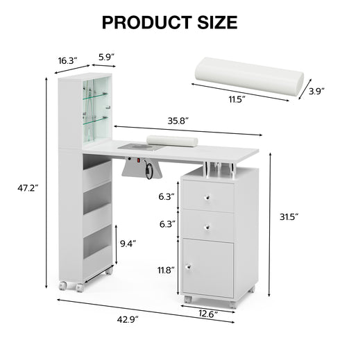 TTGIEET Manicure Table with LED Light, Glass Shelf Door Nail Desk with Dust Collector & Storage Shelves, Nail Tech Table with 2 Drawers & Cabinet for Technician Workstation