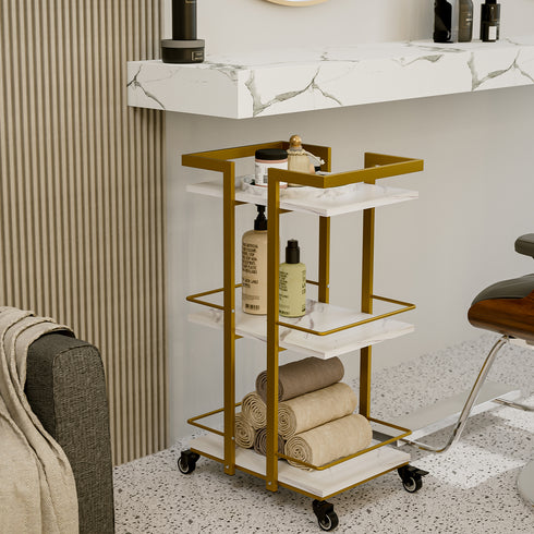 TTGIEET Esthetician Cart with Wheels, 3-Tier Salon Rolling Trolley, Spa Beauty Storage Cart, White & Gold