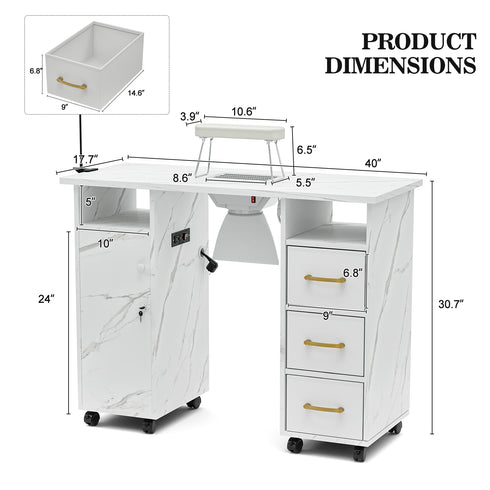 TTGIEET Manicure Table Nail Station with Power Outlets, Marble Grained Nail Tech Table Nail Table Station w/Dust Collector, Non-Woven Drawers, Desk Lamp & Wrist Cushion