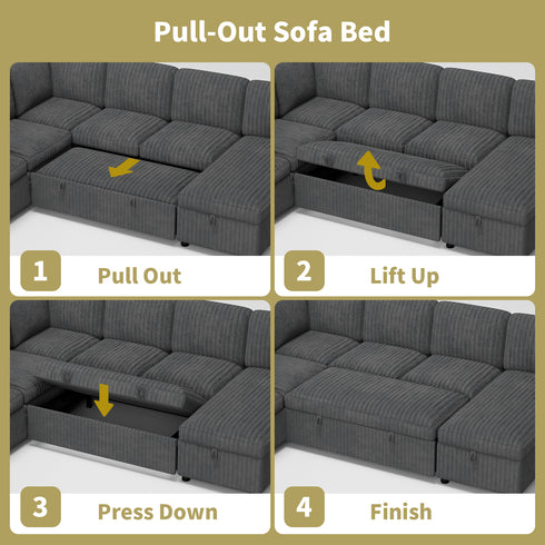 TTGIEET 7-Seater U-Shaped Sectional Sleeper Sofa, Reversible Pull-Out Sofa Bed with Storage & Cup Holders, Corduroy Couch for Living Room