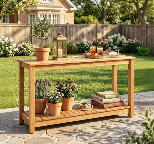 TTGIEET 46in Wooden Patio Console Table with 2-Shelf, Indoor Outdoor Dining Table Buffet Bar Storage for Backyard, Balcony, Poolside,Entryway (Brown)