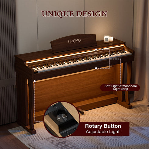 UMOMO U-732 88 Weighted Key Digital Piano with Adjustable Light, Hammer Action Electric Piano with Piano Stand, Full Size Electronic Piano Keyboard for Beginner, Adults, Brown