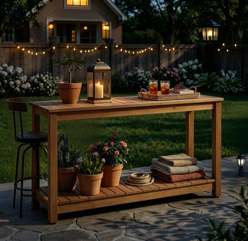 TTGIEET 46in Wooden Patio Console Table with 2-Shelf, Indoor Outdoor Dining Table Buffet Bar Storage for Backyard, Balcony, Poolside,Entryway (Brown)