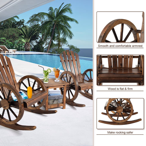 TTGIEET Patio Wood Rocking Chair with Side Table, Outdoor Rocker Bistro Set with Slatted Back and Wheel Armrests for Porch,Garden, Rustic Brown