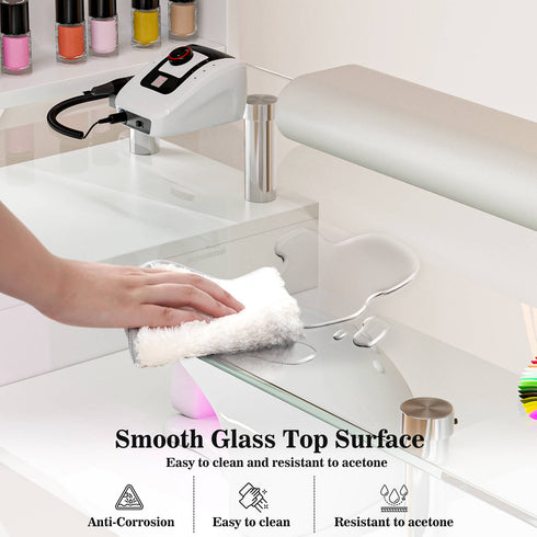 Paddie Glass Top Nail Table, multi-layer shelves, lockable wheels