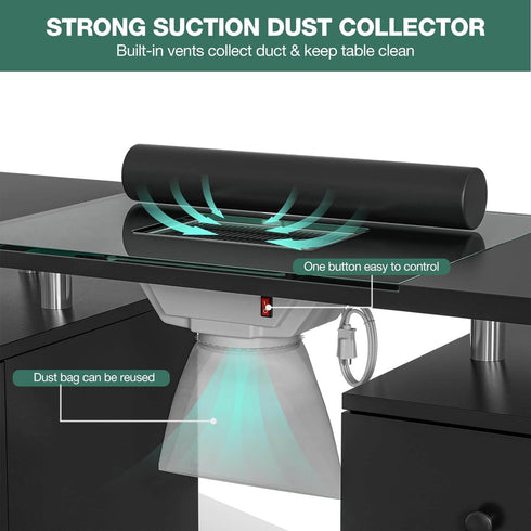 Paddie Nail Desk with Glass Top, dust collector, multi-drawers