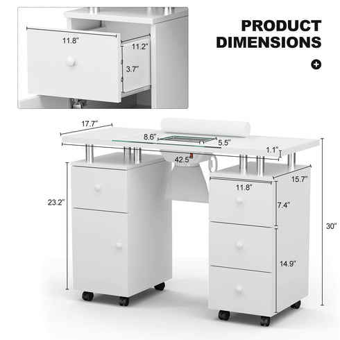 Paddie Nail Desk with Glass Top, dust collector, multi-drawers