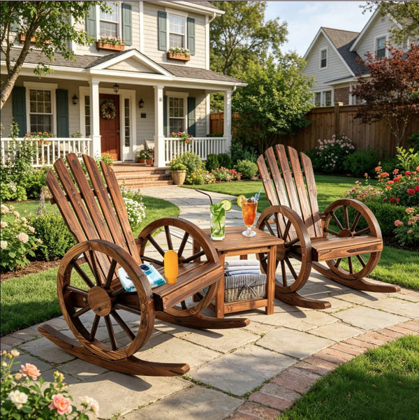 TTGIEET 3pcs Patio Wood Rocking Chair Set with Side Table, Outdoor Rocker Bistro Set with Slatted Back and Wheel Armrests for Porch,Garden, Rustic Brown